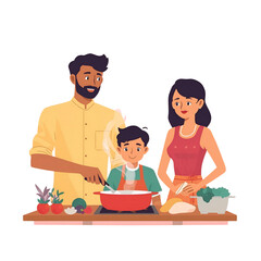 A heartwarming illustration of a happy family cooking together in the kitchen, with parents teaching their young son about healthy food
