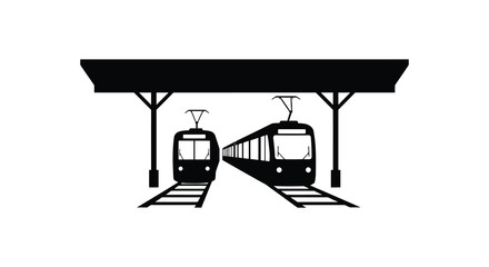Fototapeta premium Black and white illustration of a tram station with two trams