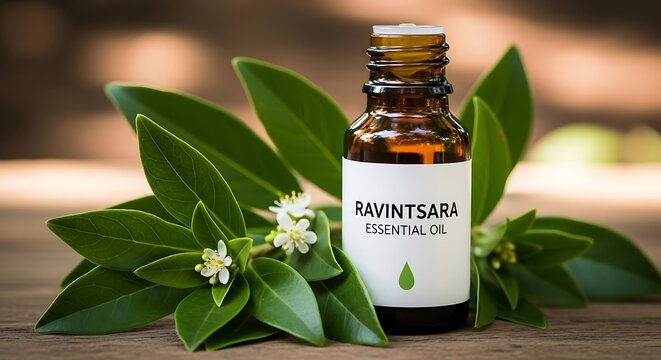 A bottle of ravintsara essential oil, surrounded by fresh, vibrant green leaves and small white flowers, sits on a wooden surface, creating a calming and natural scene.
