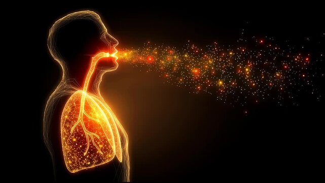 Conceptual visualization of human body in side view with glowing lungs and throat, particles scattering outward to vividly symbolize cough, infection spread, and respiratory vulnerability