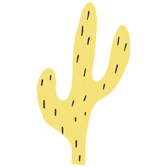 Digital art of a yellow cartoon cactus with black dashes, centered on a white background, creating a simple, cheerful, and isolated desert vibe.
