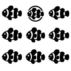 Fototapeta premium Nine Black Clownfish Icons with White Stripes in Various Poses and Styles.