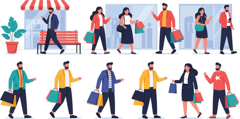 Diverse group of people shopping with bags in front of stores on a white background illustration