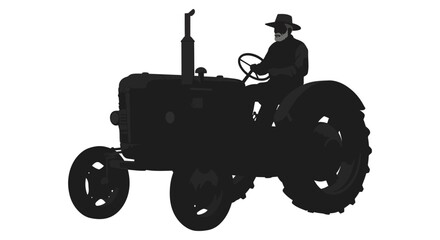 A silhouetted farmer expertly operating an antique tractor in a field