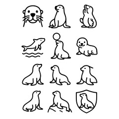 Line Art Collection of Playful Seals and an Otter in Various Poses.
