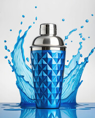 Blue cocktail shaker with geometric pattern and blue liquid splash