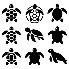 Obraz premium Nine Black Sea Turtle Silhouettes with Varied Shell Patterns and Poses.