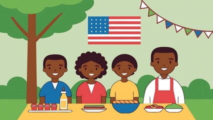 Diverse family picnic celebration with american flag and festive decorations
