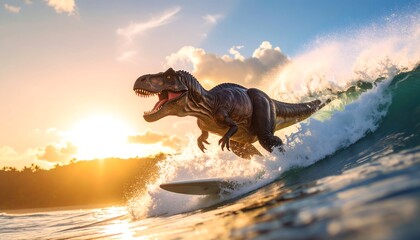Fototapeta premium Dinosaur surfing a wave at sunset