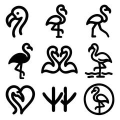 Nine Bold Flamingo Line Art Icons Diverse Poses and Symbols.