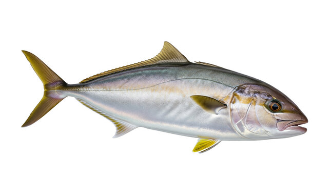 Realistic Illustration of Greater Amberjack Fish with Metallic Silver Body and Yellow Fin Detail

