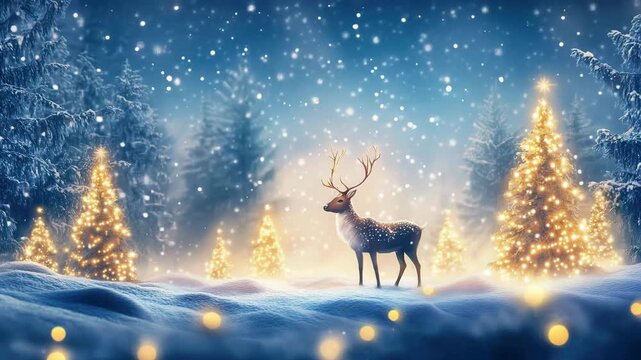 Reindeer standing in snowy forest with christmas trees and falling snow at night