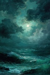 Obraz premium Dramatic Moonlit Stormy Ocean Waves Under Dark Clouds.