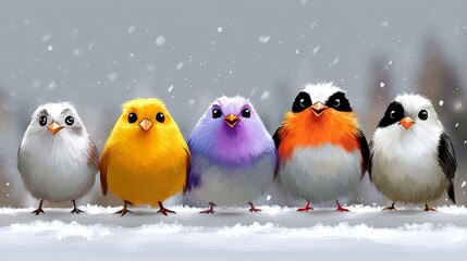 Naklejka premium A group of five birds are standing in a row, with one of them being yellow. The birds are all different colors, including blue, purple, and white. The image has a cheerful and playful mood