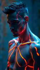 Futuristic Man Shirtless with Neon Glowing Lines Artistic Cyberpunk Style