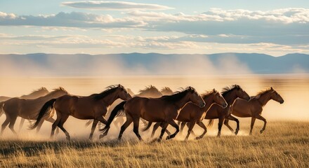 Herd of Wild Horses Galloping Through a Dusty Grassy Plain at Sunset