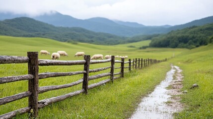 Pastoral Landscape: A picturesque countryside scene, featuring a rustic wooden fence, a winding dirt path, and a herd of sheep peacefully grazing in a lush green pasture.