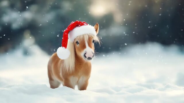 Adorable pony foal wearing santa hat in snowy winter wonderland