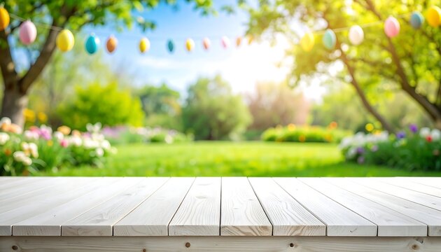 Empty wooden table in a garden setting