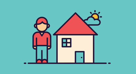 Vector Illustration of a Person Standing Next to a House Under a Sunny Sky with Clouds