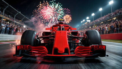 Front view of sleek orange Formula 1 car on racetrack with vibrant fireworks in night sky and cheering crowd in grandstands