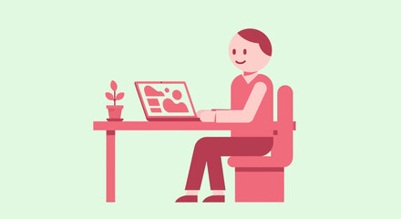 Fototapeta premium Minimalist flat illustration of a cheerful professional working on a laptop at a desk, embodying concepts of remote work, online learning, or modern digital productivity and efficiency