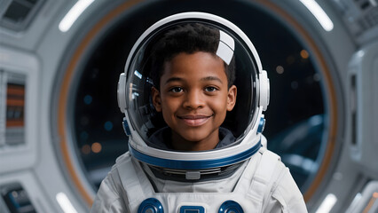 African american kid astronaut inside spacecraft cabin smiling