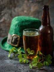 St Patricks Day still life with beer glass bottle green hat and shamrocks on dark textured surface studio shot