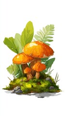 Mushroom Cluster in Forest Illustration Lush Greenery and Mossy Ground Artistic Rendering Isolated on White Background