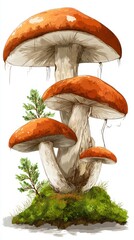 Artistic mushroom cluster illustration on mossy ground, eye-level view, fantasy style, nature concept, isolated on white background