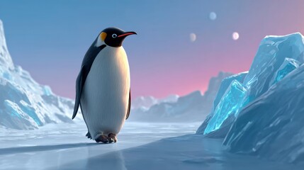 Fototapeta premium A penguin stands on a frozen lake in front of a beautiful sunset. The scene is serene and peaceful, with the penguin being the only living creature in the image. The blue sky and the pink