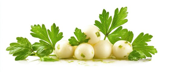 Fresh mozzarella balls with parsley leaves on white background close up studio shot of Italian appetizer food and cuisine