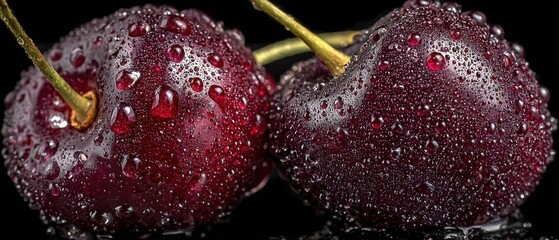 Two Fresh Cherries Close Up with Water Droplets on Dark Background Food Photography