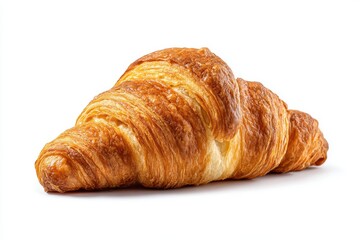 Studio shot of a golden brown croissant on white background, close up, food photography, delicious pastry, light and shadow