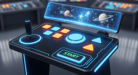 Futuristic Spacecraft Console Interface with Holographic Display and Illuminated Buttons