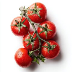 Fresh vine tomatoes glistening with water droplets studio shot overhead view vibrant red color healthy eating food photography