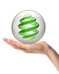 Human hand holding transparent glass sphere with green spiral inside