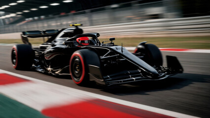 Driver in red helmet racing a sleek black Formula 1 car at high speed on the racetrack
