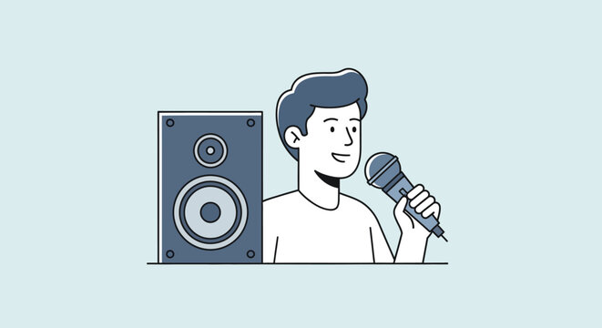 Young male singer or presenter with a microphone and audio speaker. Flat vector illustration concept for performance, podcasting, or karaoke