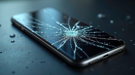 Close-up of a modern smartphone with a cracked and shattered screen the glass has multiple fracture.