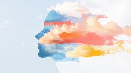 Mind's Canvas: A tranquil silhouette of a person's profile becomes a canvas for a breathtaking display of colorful clouds, weaving a tale of introspection, imagination.