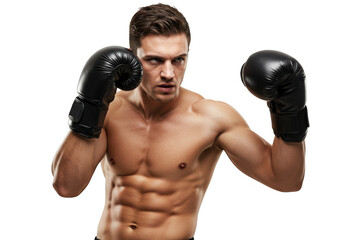 Muscular boxer with black eyes and boxing gloves isolated on transparent background