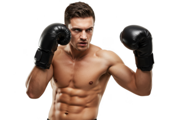 Muscular boxer with black eyes and boxing gloves isolated on transparent background