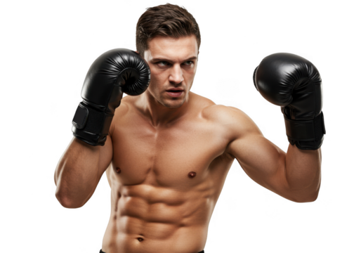 Muscular boxer with black eyes and boxing gloves isolated on transparent background