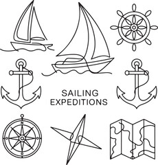 sailing, nautical, maritime, expedition, adventure, sea, ocean, boat, ship, continuous, one, line, lineart, drawing, navigation, travel, journey, yacht