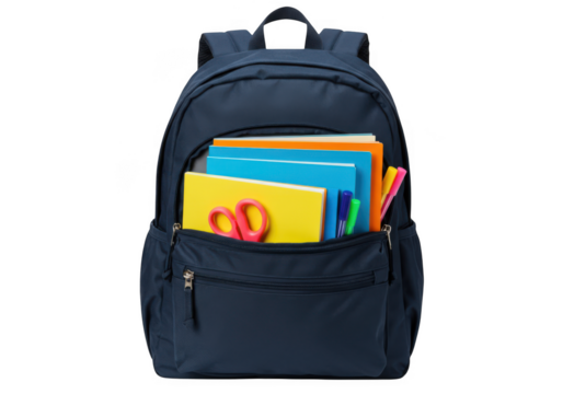 Dark blue backpack filled with school supplies isolated on transparent background