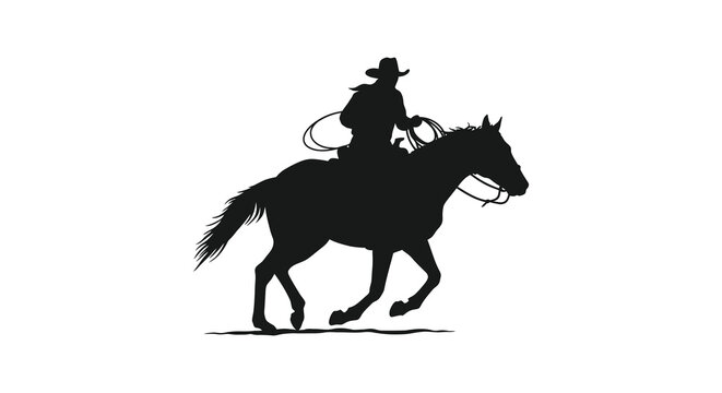 A silhouetted cowboy expertly riding a horse with a lasso in hand