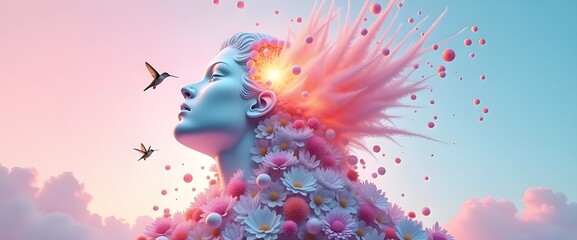 Ethereal Female Head with Blooming Flowers Birds and Spiritual Light