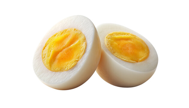  Two Halved Boiled Eggs with Bright Yellow Yolks and Smooth White Egg Whites, Front View, Isolated on Transparent Background