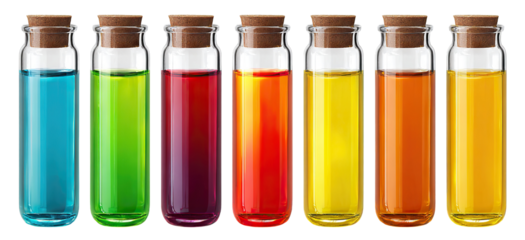 Set of laboratory test tubes with colorful liquids, isolated on transparent cutout background